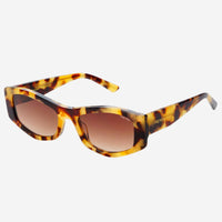 Sunglasses with tortoiseshell frame and brown lenses on a white background