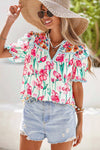 Floral Print Striped Detail Split Neck Blouse: Pink