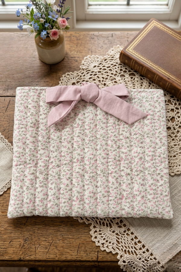 Floral fabric with a pink bow on a wooden surface with a vase of flowers and book in the background.