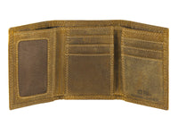 Brown leather wallet with visible stitching on a white background