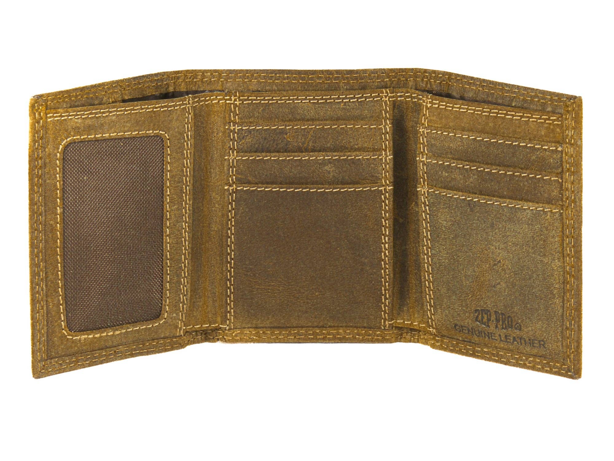 Brown leather wallet with visible stitching on a white background