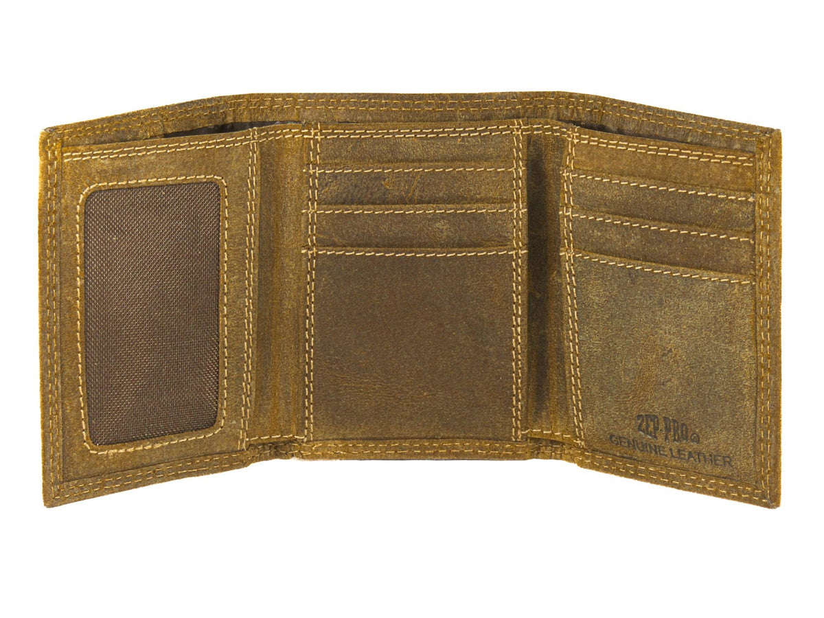 Brown leather wallet with visible stitching on a white background