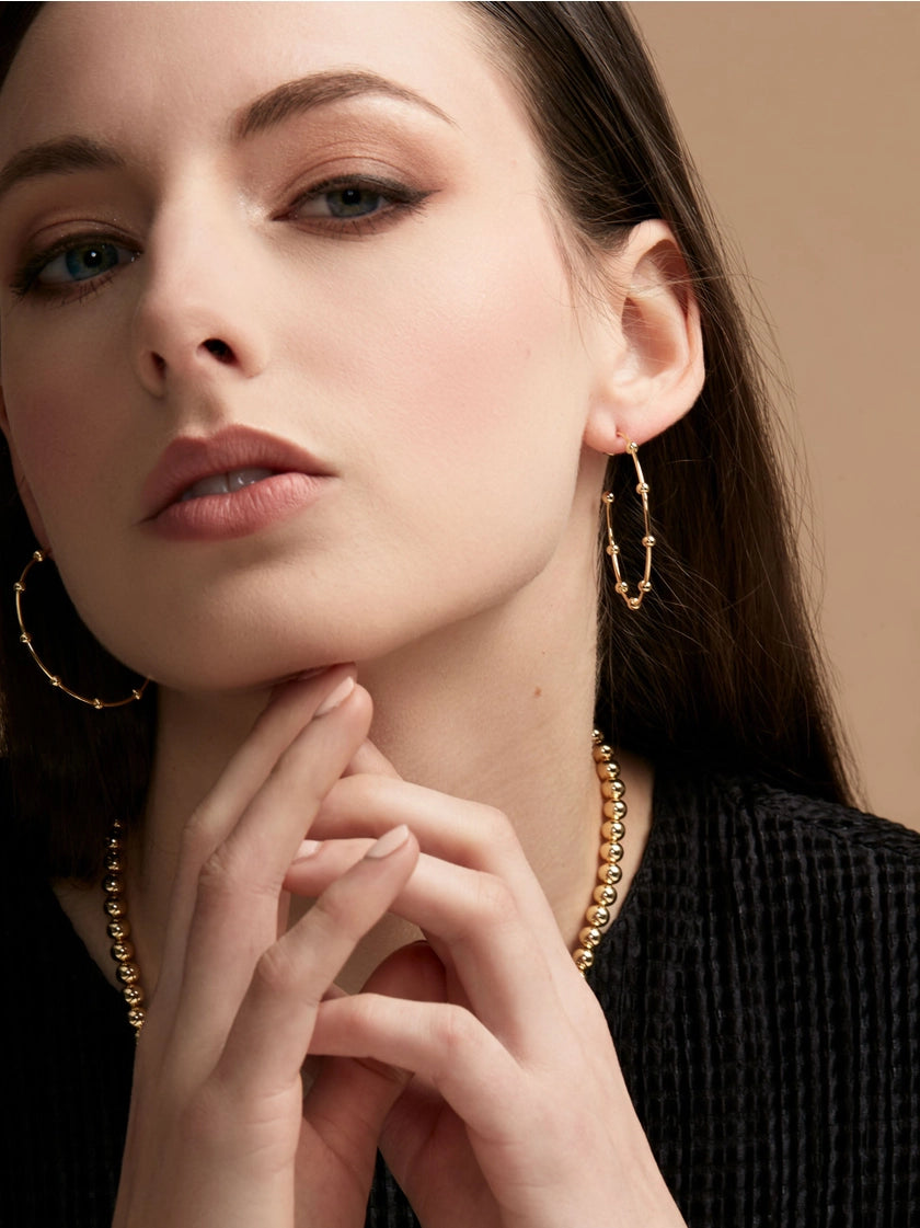 Bead Accent Open Hoop Earring-Silver