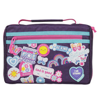 Purple pouch with colorful designs and text on a white background