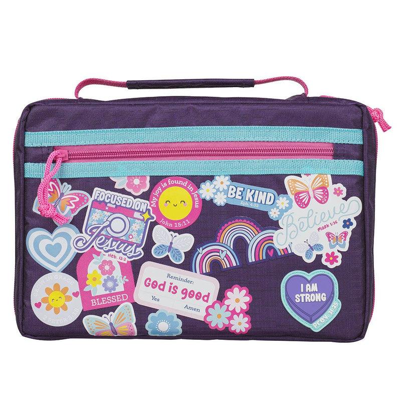 Purple pouch with colorful designs and text on a white background