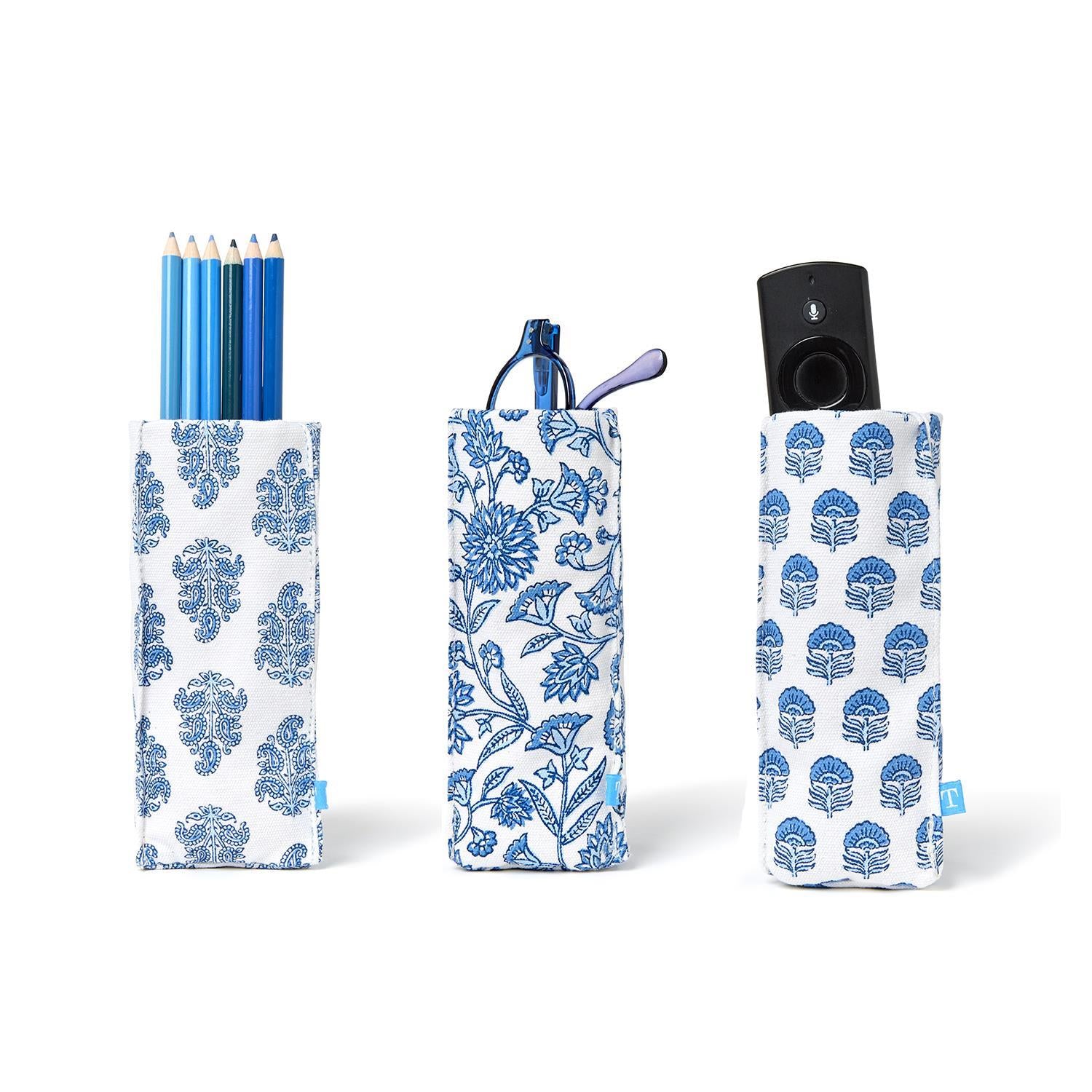 "Looking Good" Blue Block Print Standing Triangular Weighted Eyeglasses Holder
