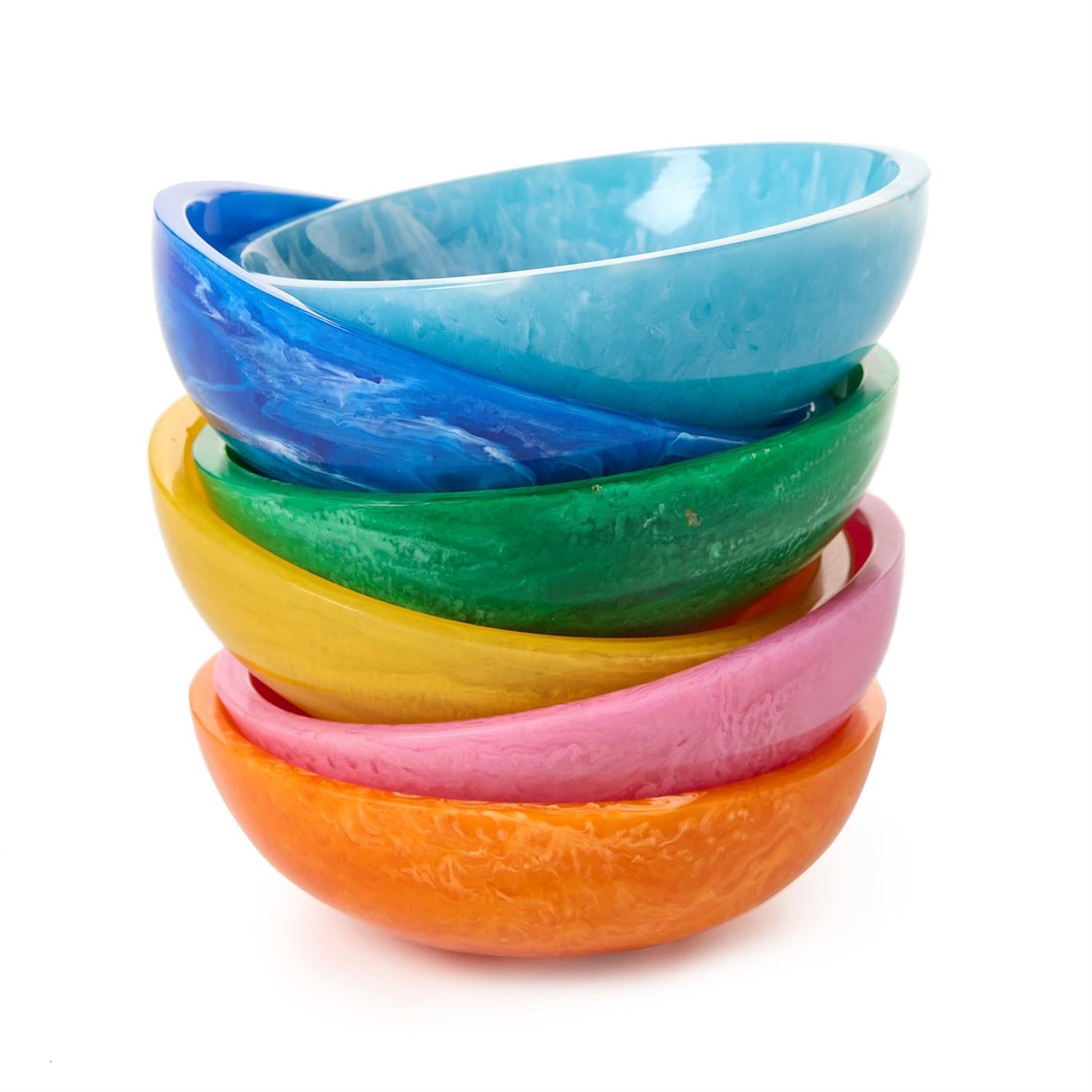 Stack of colorful bowls on a white background