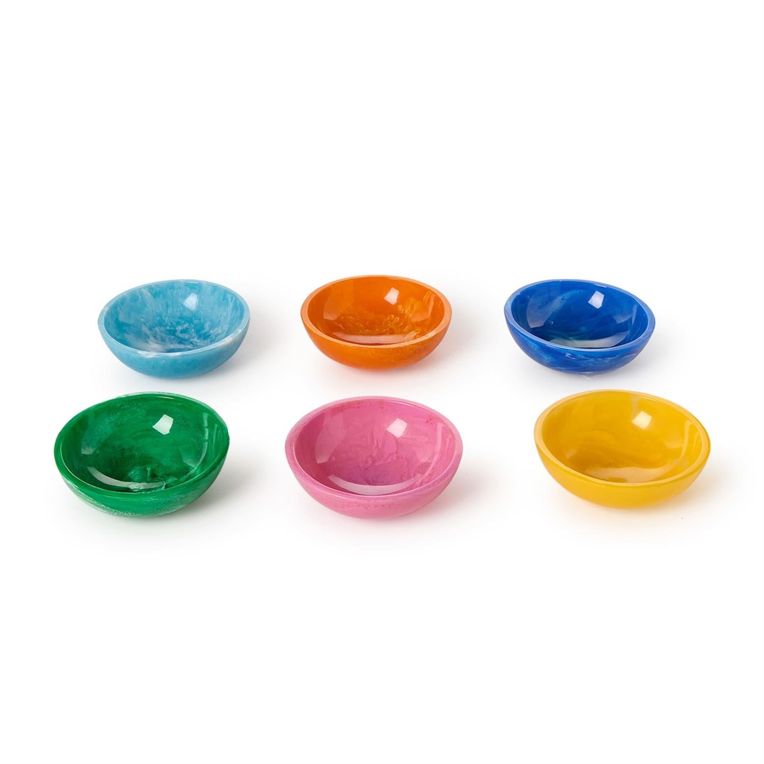 Set of six colorful ceramic bowls on a white background