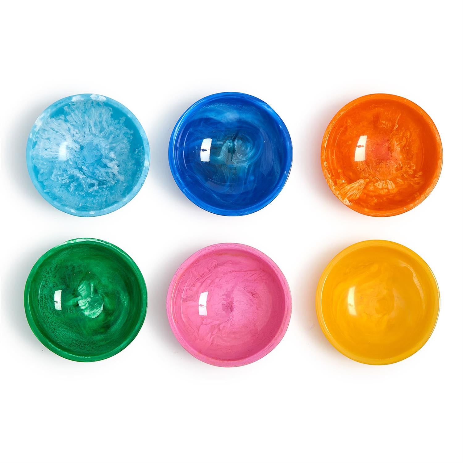 Set of six colorful bowls in blue, green, pink, orange, and yellow on a white background