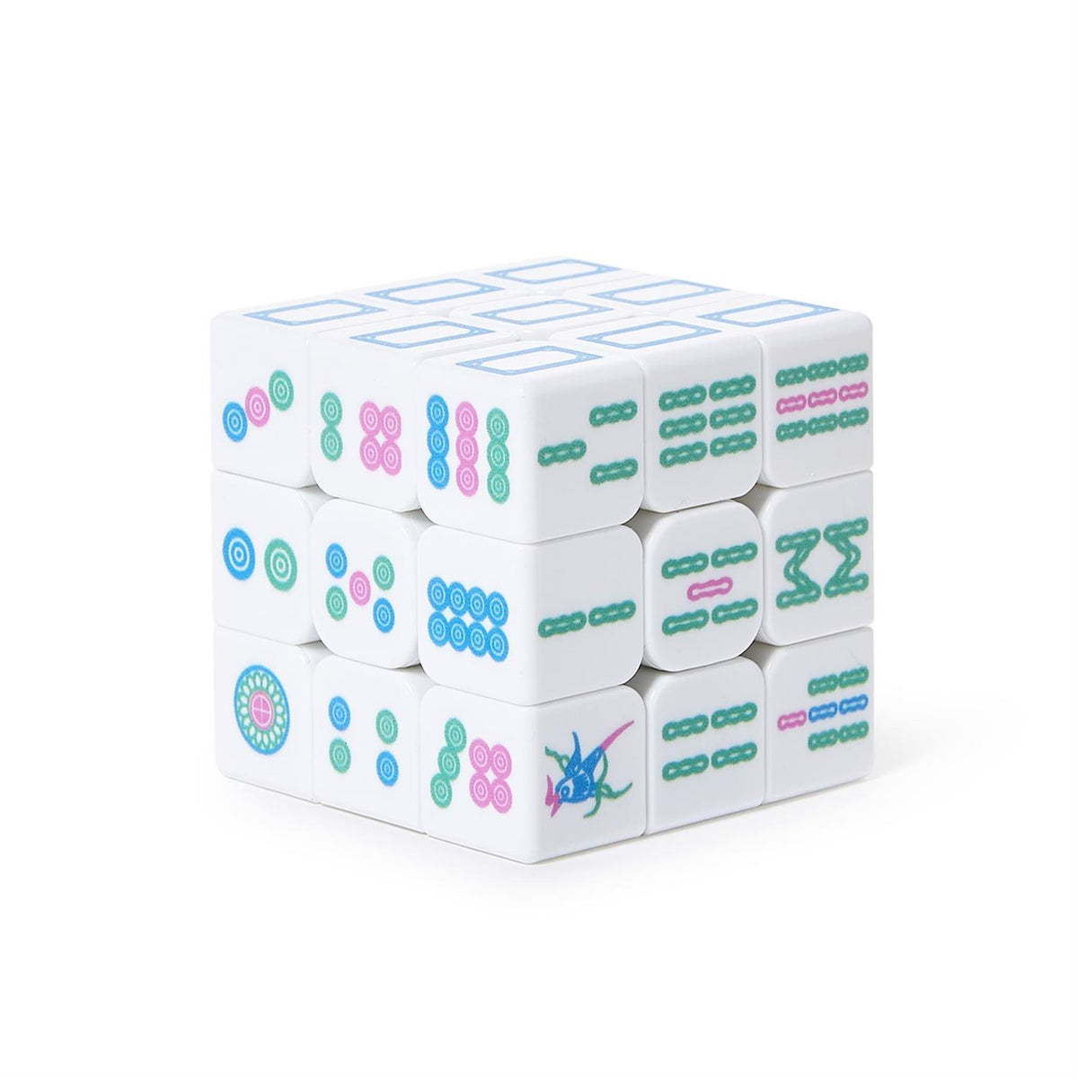 Stack of white cubes with colorful symbols on a white background