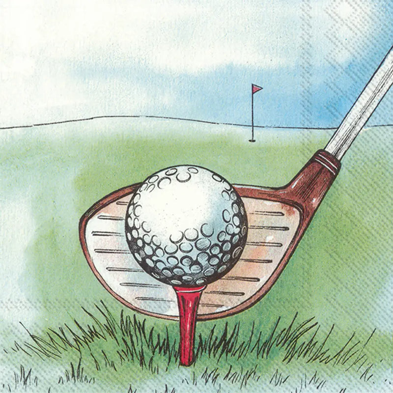 Watercolor-style illustration of a golf ball on a red tee, positioned under the face of a golf club, with a golf green and flag in the background.