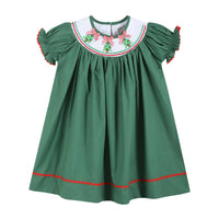 Green Christmas Tree Smocked Bishop Dress