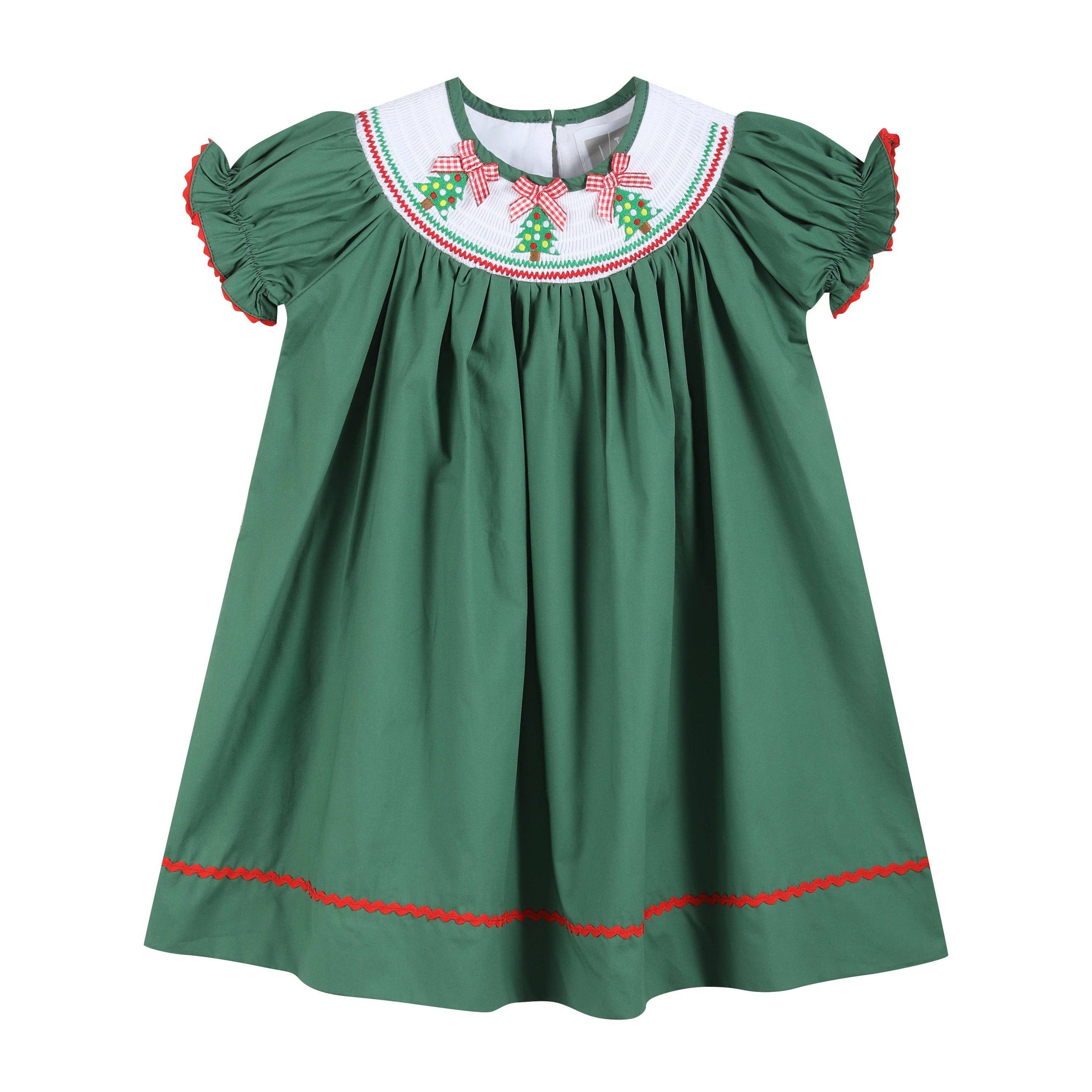 Green Christmas Tree Smocked Bishop Dress