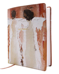 Cover of a Bible with abstract art design on a white background
