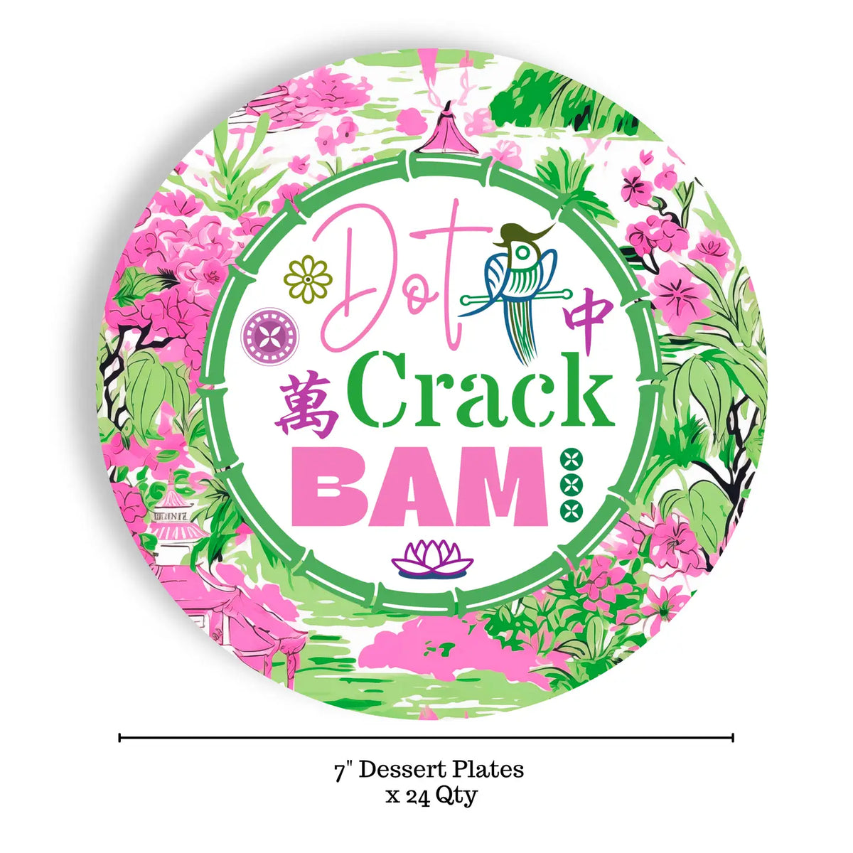 Decorative dessert plate with floral design and text on a white background