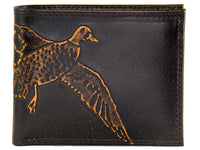 Black leather wallet with a gold duck design on a white background