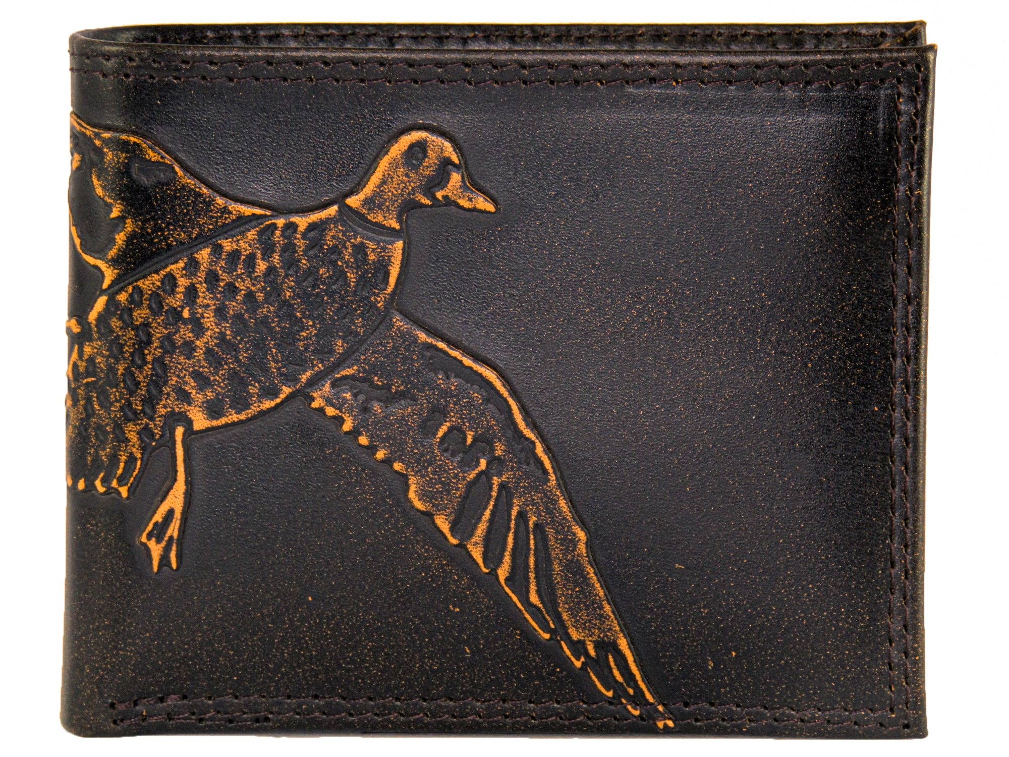 Black leather wallet with a gold duck design on a white background