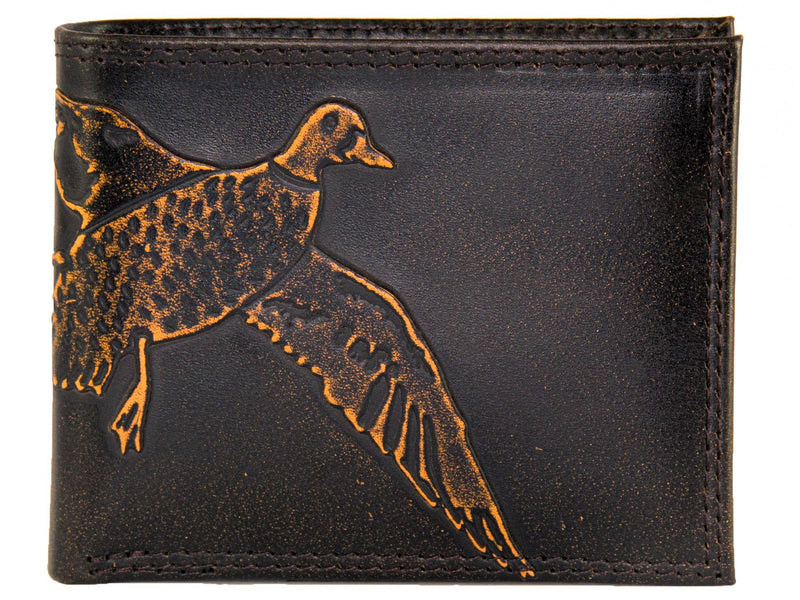 Black leather wallet with a gold duck design on a white background