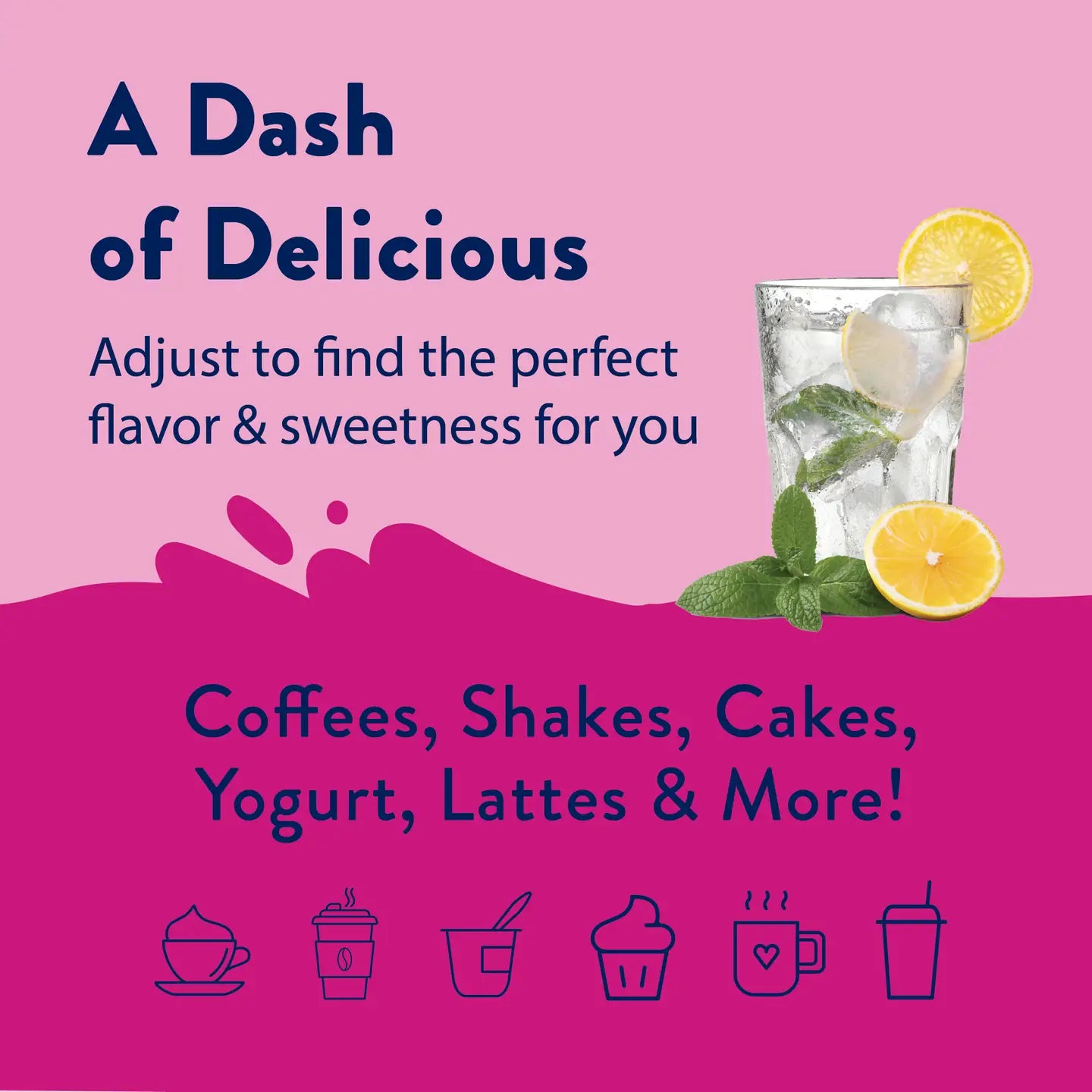 Promotional graphic for a product with a glass of lemonade, mint leaves, and text on a pink background.
