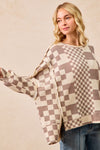 Checker Print Washed Cut Edge Detail Oversized Waffle Thermal Sweatshirt