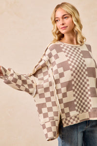 Checker Print Washed Cut Edge Detail Oversized Waffle Thermal Sweatshirt