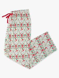 Christmas-themed lounge pants featuring a festive print of Santa Claus, holly, and red bows on a white background, complete with a red drawstring waist.