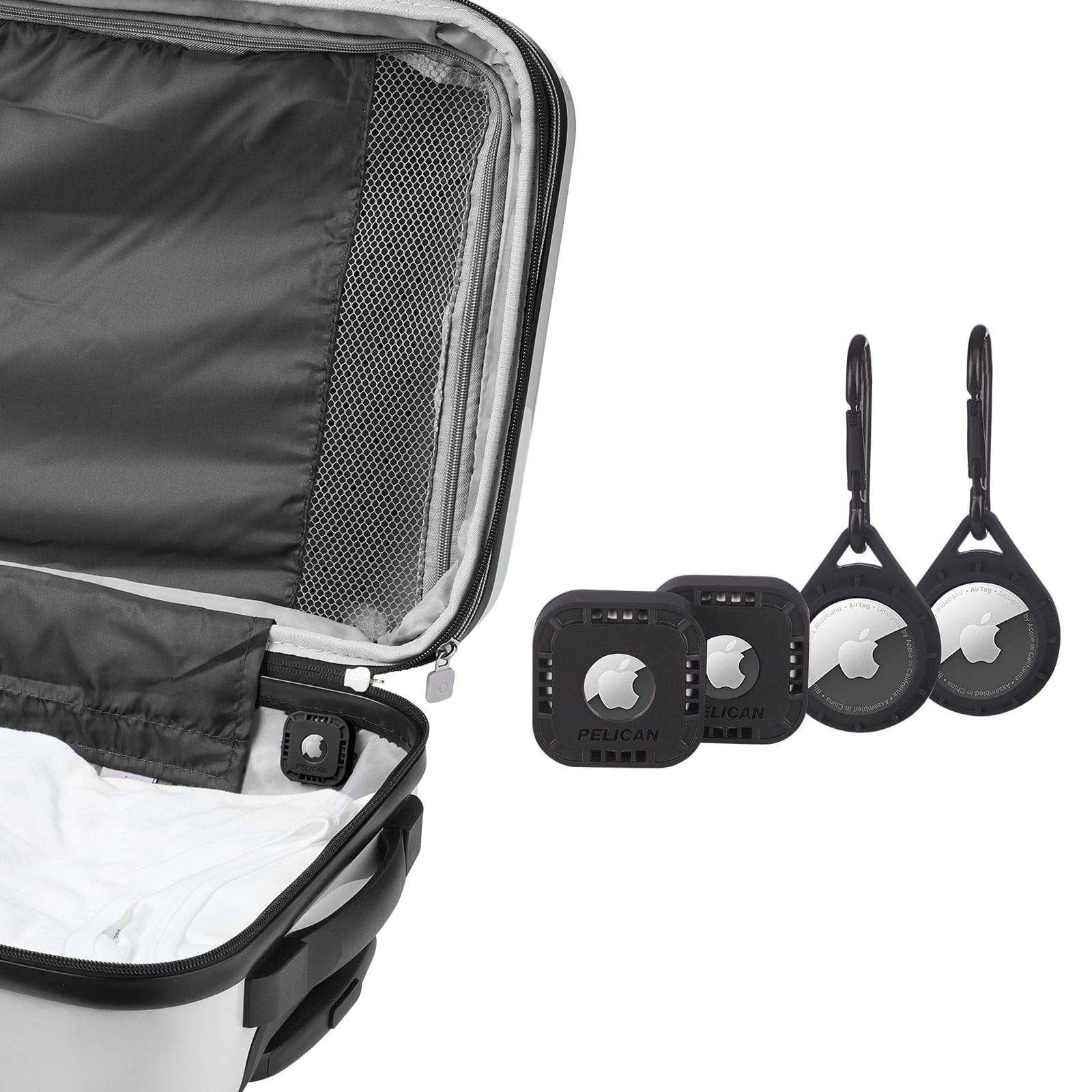 Open suitcase with black travel tags and keychains on a white background