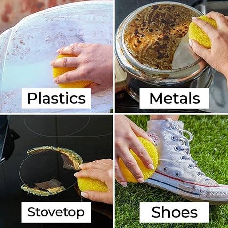 Collage of using a yellow sponge on various surfaces with labels for plastics, metals, stovetop, and shoes.