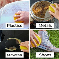 Collage of using a yellow sponge on various surfaces with labels for plastics, metals, stovetop, and shoes.