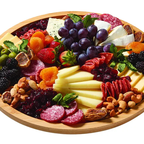 Farberware 14 in. Round Build-a-Board Round Bamboo Charcuterie Board with Black Handles