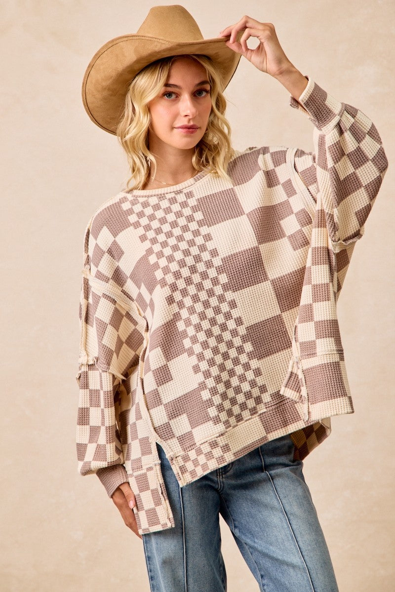 Checker Print Washed Cut Edge Detail Oversized Waffle Thermal Sweatshirt