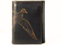 Black leather wallet with gold embossed bird design on a white background