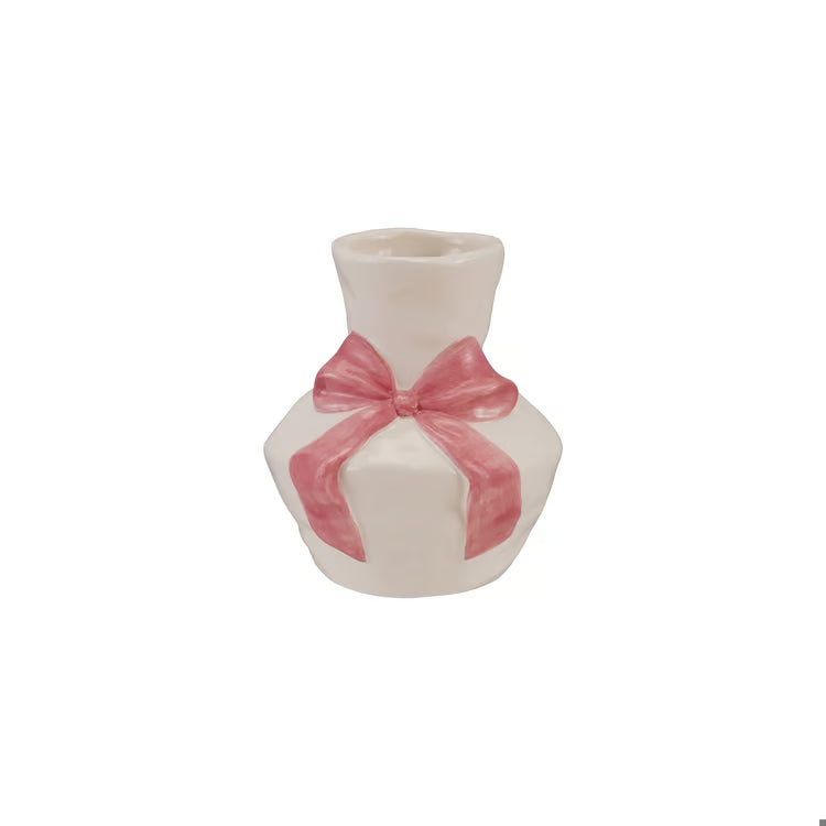 Hand - Painted Ceramic Vase With Bow - Pink & White