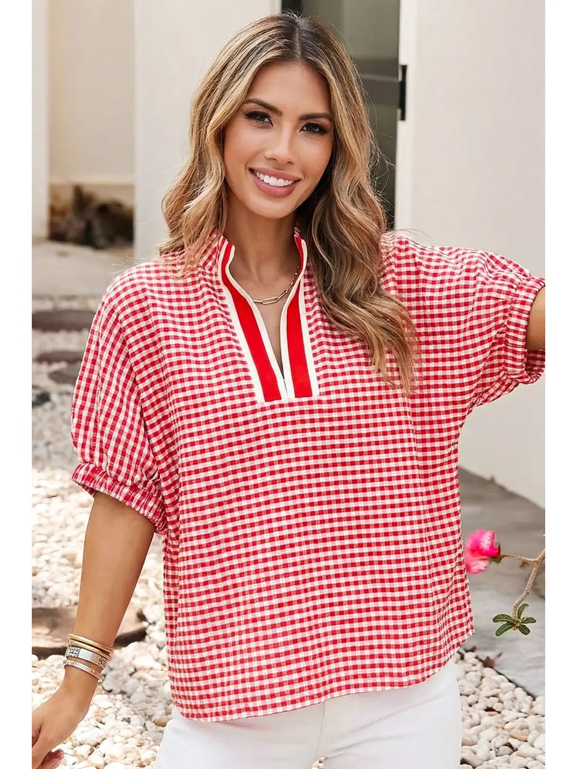 Plaid Short Sleeve Colorblock Trim Split Neck Blouse
