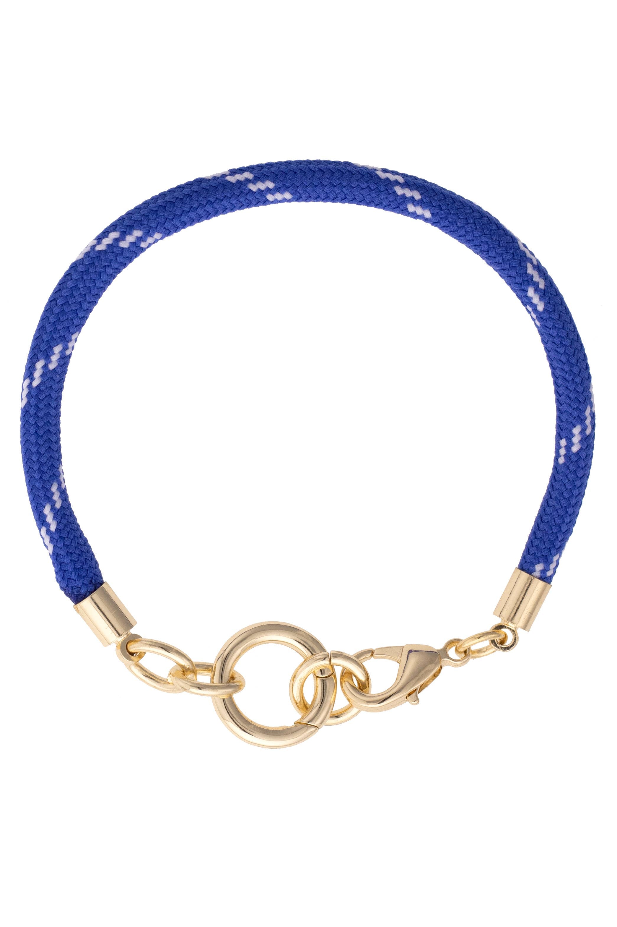 Blue braided bracelet with gold clasp on a white background