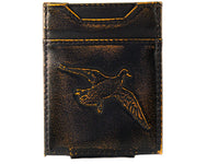 Black leather wallet with a duck design on a white background