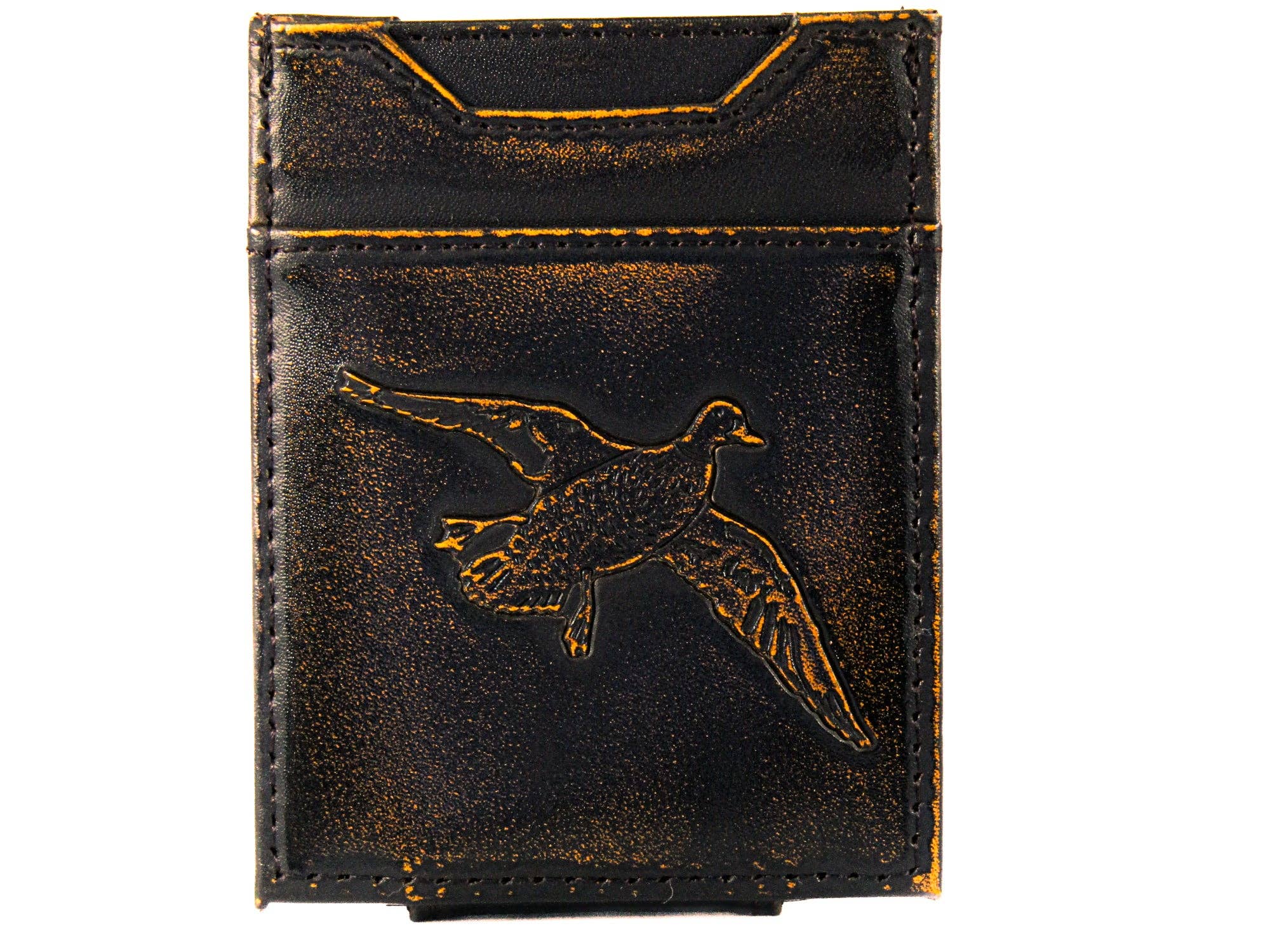 Black leather wallet with a duck design on a white background