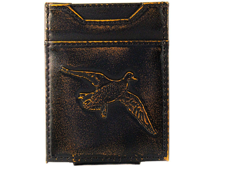 Black leather wallet with a duck design on a white background