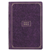 Purple floral-patterned Bible cover with 'HOLY BIBLE' text on a white background