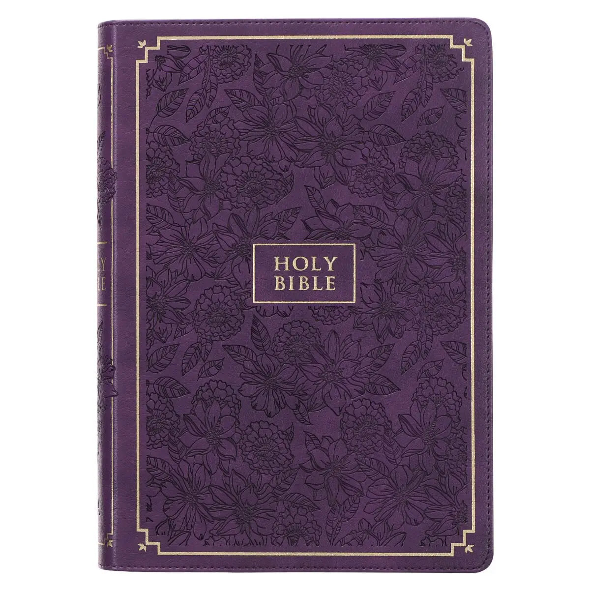 Purple floral-patterned Bible cover with 'HOLY BIBLE' text on a white background