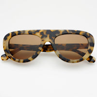 Sunglasses with tortoiseshell frame and brown lenses on a white background