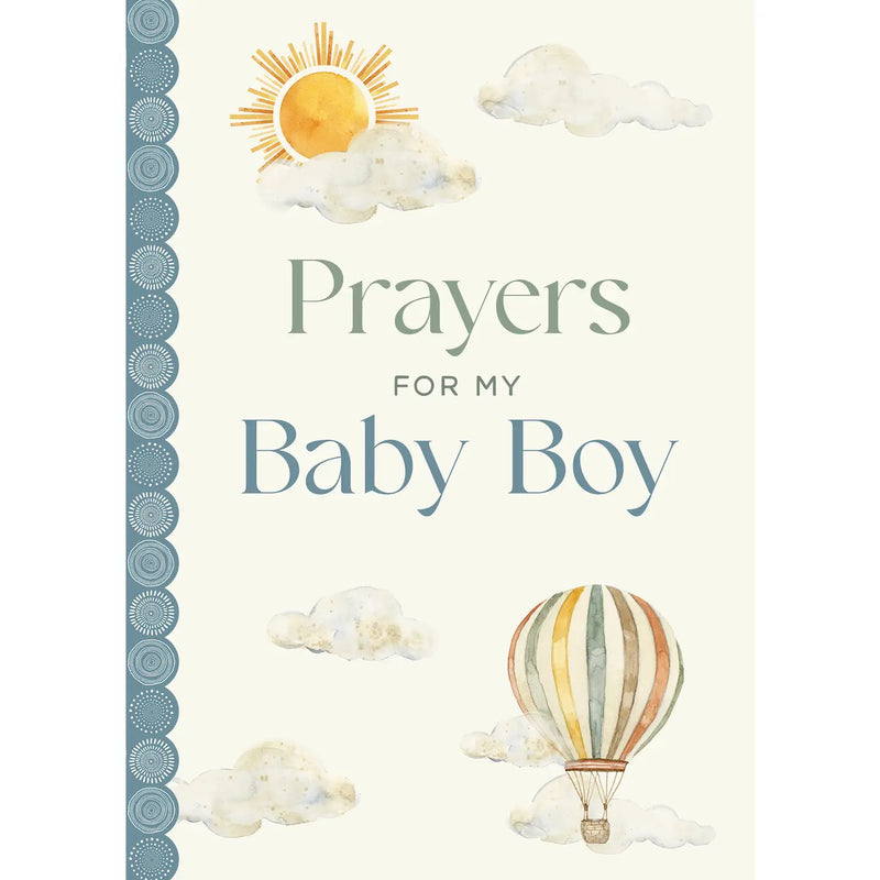 Book cover of 'Prayers for My Baby Boy' with illustrations of a sun, clouds, and a hot air balloon.