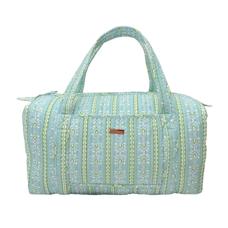 Light blue patterned duffel bag on a white background