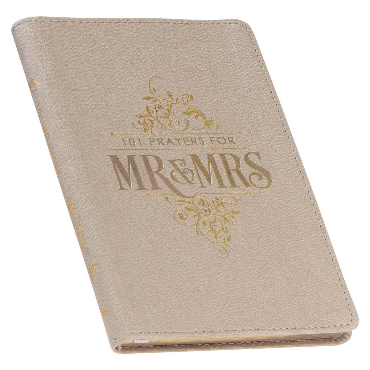 Beige book titled '101 Prayers for Mr & Mrs' with decorative elements on a white background