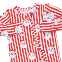 Red and white striped pajama set with Santa Claus pattern on a white background