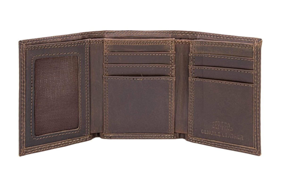 Brown leather wallet with multiple card slots on a white background