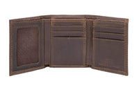 Brown leather wallet with multiple card slots on a white background