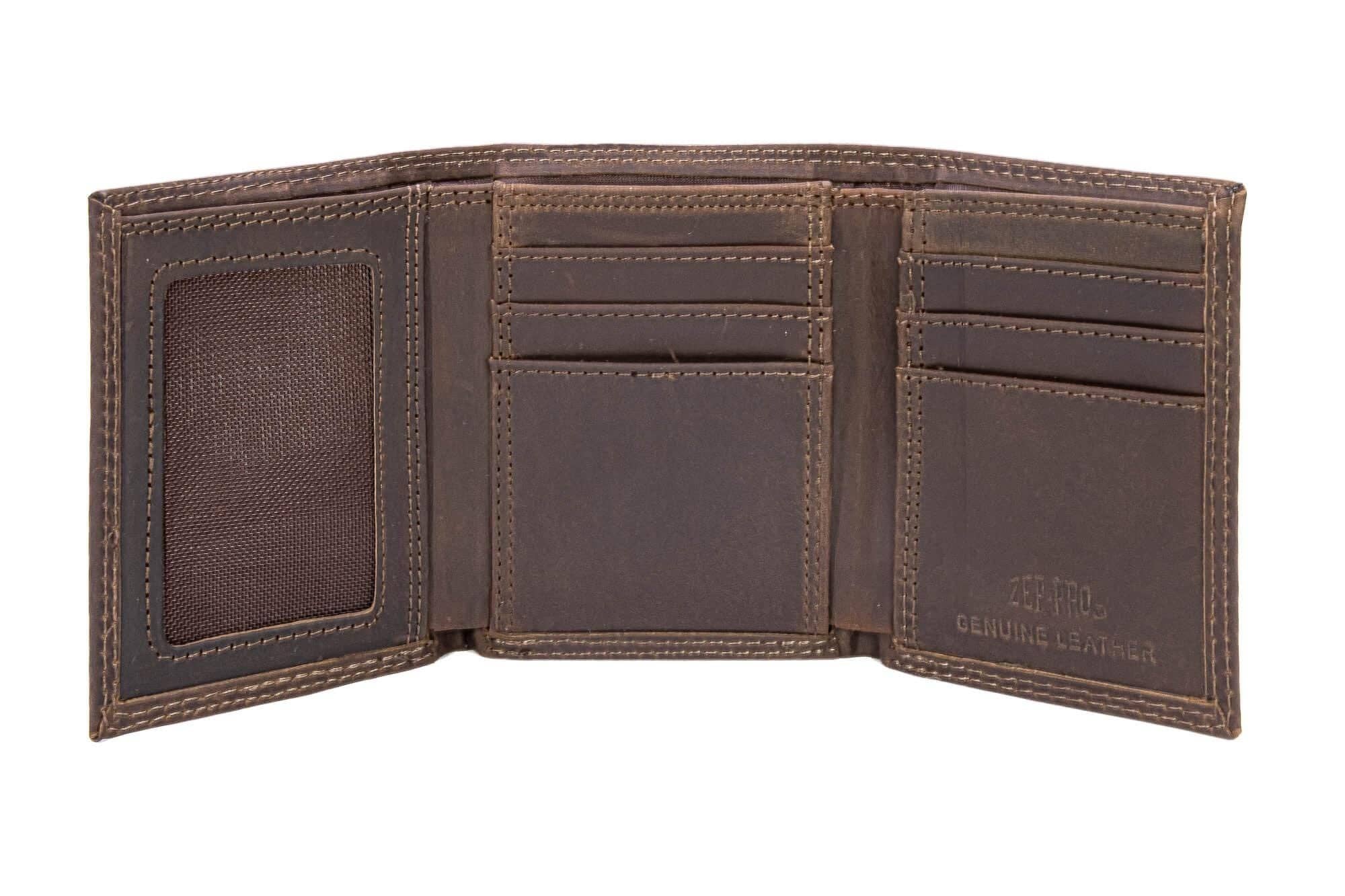 Brown leather wallet with multiple card slots on a white background