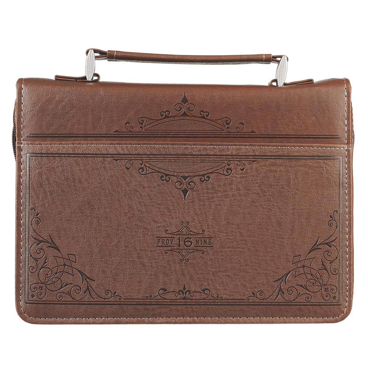 Brown leather bag with embossed designs on a white background