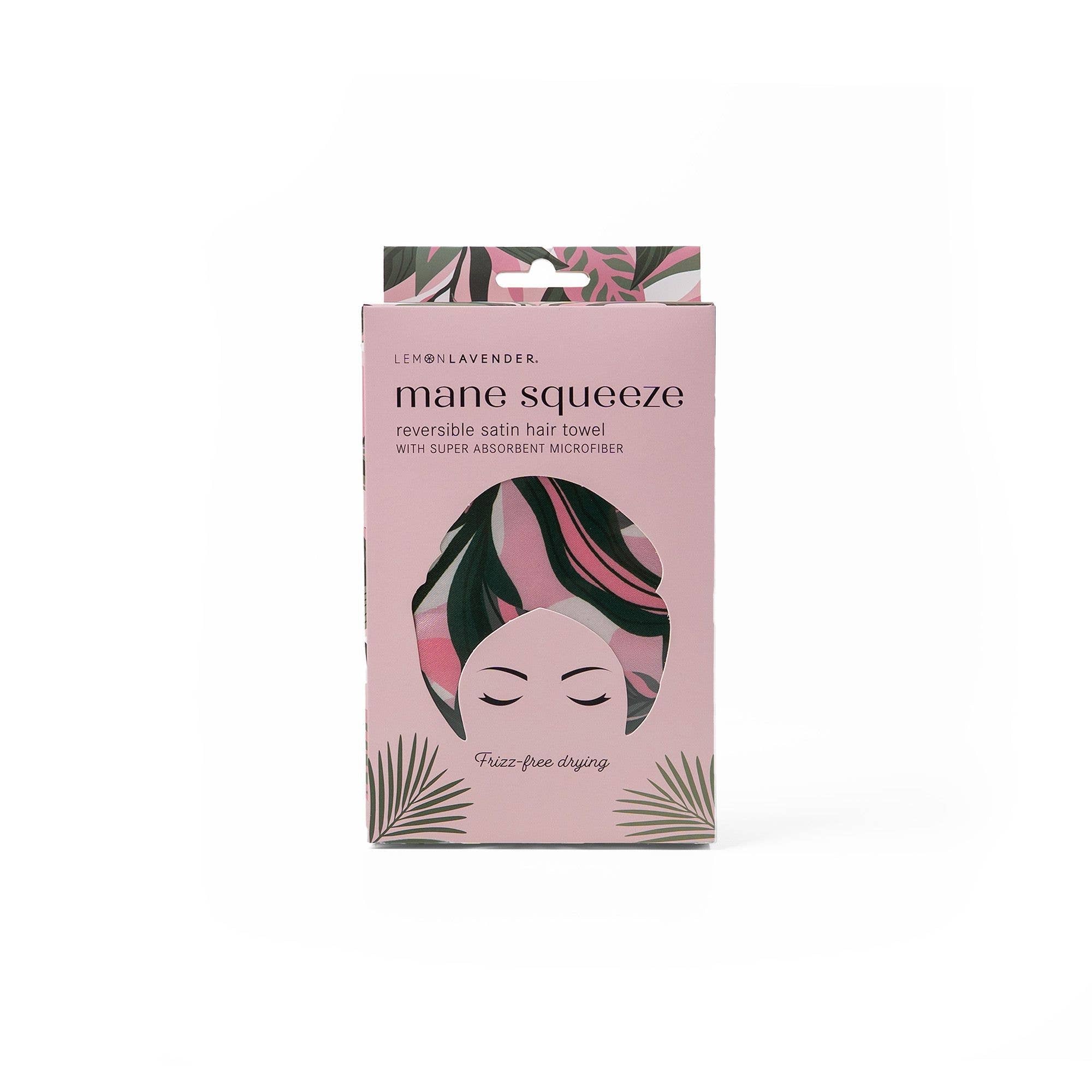 Mane Squeeze reversible satin hair towel packaging with tropical leaf design on a white background